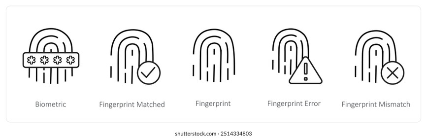 Un conjunto de 5 iconos de seguridad como biométricos, huellas dactilares emparejadas