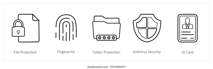 Un conjunto de 5 iconos de seguridad como la protección de archivos, huellas dactilares