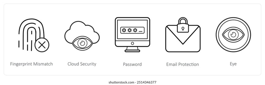 Un conjunto de 5 iconos de seguridad como huellas dactilares no coincidentes, seguridad en la nube