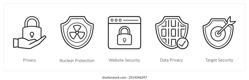 Um conjunto de 5 ícones de segurança, como privacidade, proteção nuclear