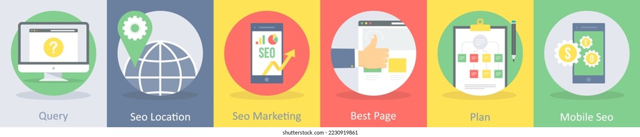 Un conjunto de 5 iconos seo y de desarrollo como la consulta, la ubicación seo