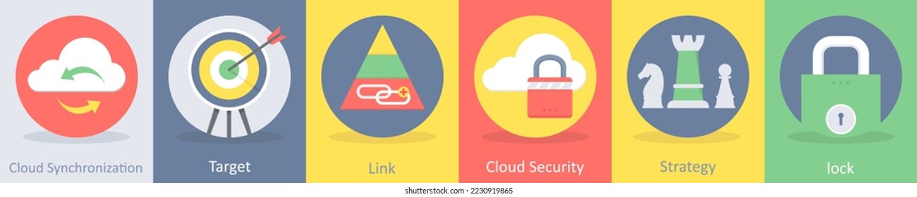 A set of 5 seo and development icons such as cloud synchronization, target
