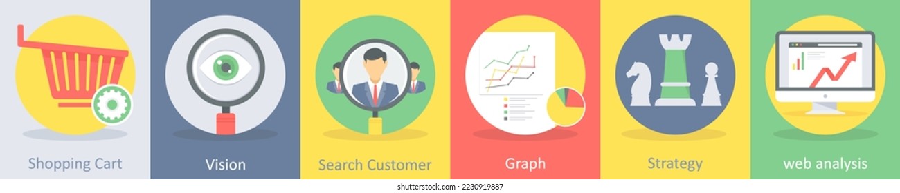 A set of 5 seo and development icons such as shopping cart, trolley, vision