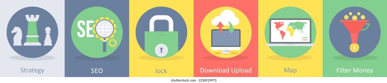 A set of 5 seo and development icons such as strategy, plan, planning