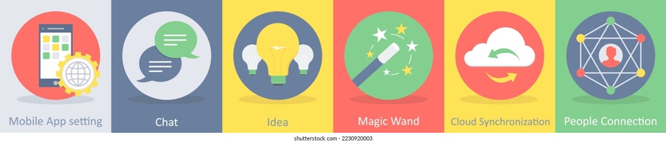 A set of 5 seo and development icons such as mobile app setting, chat