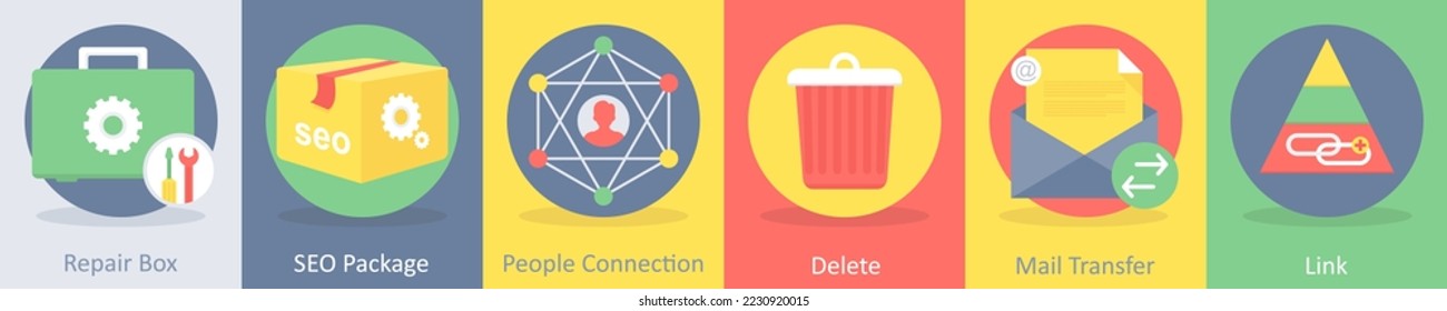 A set of 5 seo and development icons such as repair box, seo package