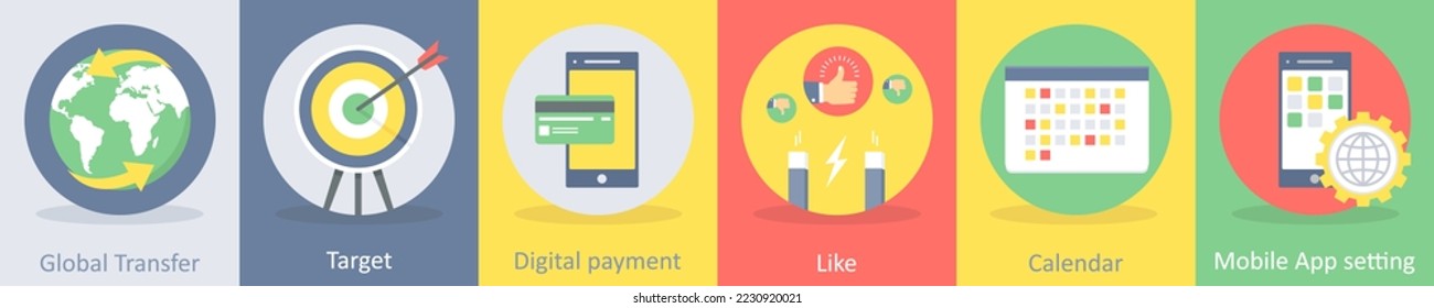 A set of 5 seo and development icons such as global transfer, target