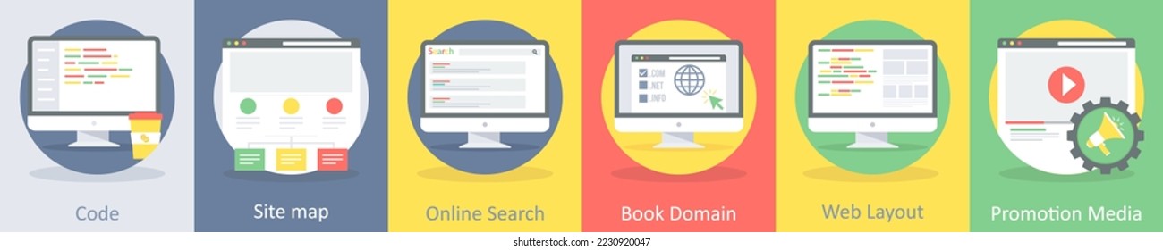 A set of 5 seo and development icons such as code, coding, programming