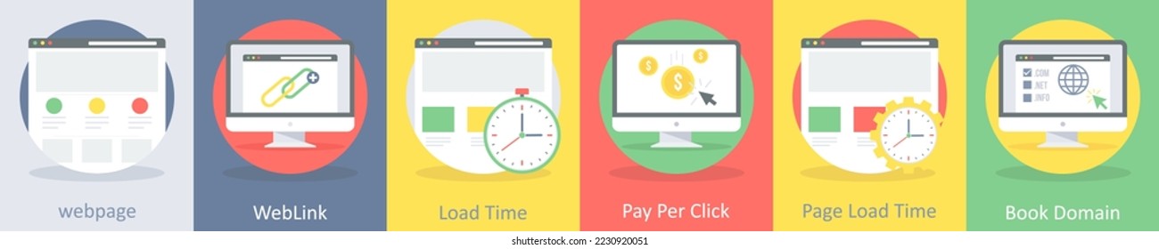 A set of 5 seo and development icons such as webpage, web link