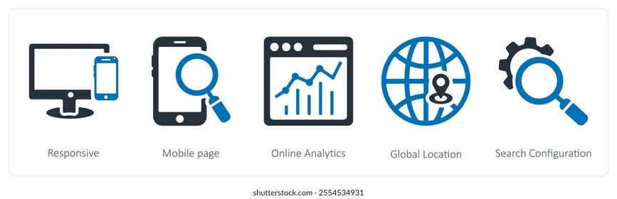 A set of 5 seo and digital marketing icons as responsive, mobile page, online analytics