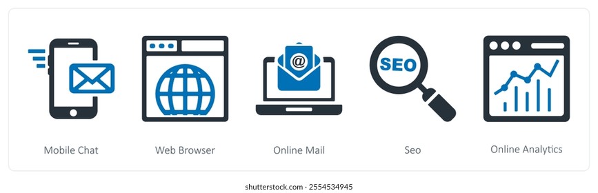 A set of 5 seo and digital marketing icons as mobile chat, web browser, online mail