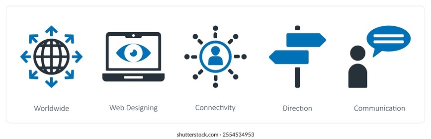 A set of 5 seo and digital marketing icons as worldwide, web designing, connectivity