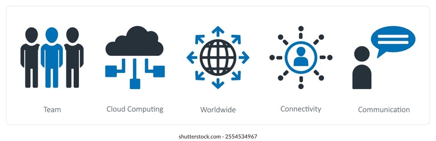 A set of 5 seo and digital marketing icons as team, cloud computing, worldwide