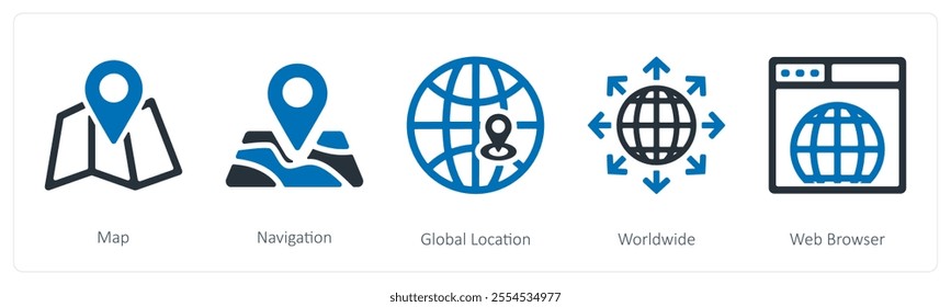 A set of 5 seo and digital marketing icons as map, navigation, global location