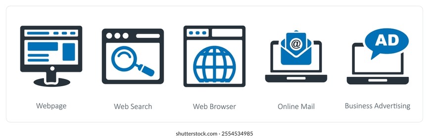 A set of 5 seo and digital marketing icons as webpage, web search, web browser