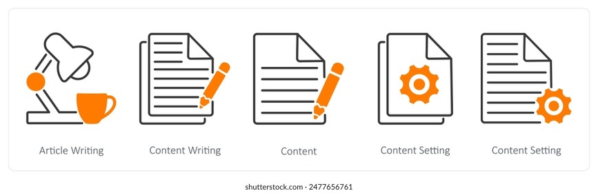 A set of 5 Seo icons as article writing, content writing, content