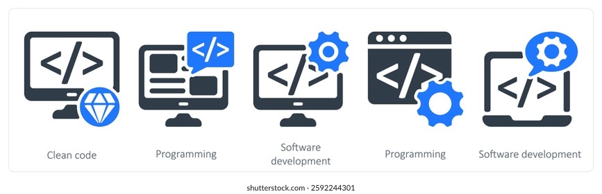 A set of 5 seo icons asclean code, programming, software development