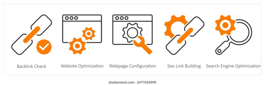 A set of 5 Seo icons as backlink check, website optimization, website configuration