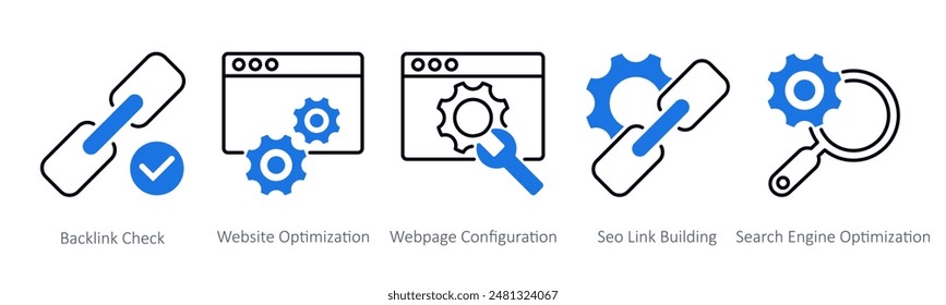 A set of 5 Seo icons as backlink check, website optimization, website configuration