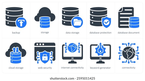 A set of 5 seo icons as backup, storage, data storage, database protection