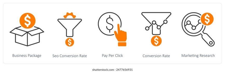 A set of 5 Seo icons as business package, seo conversion rate, pay per click
