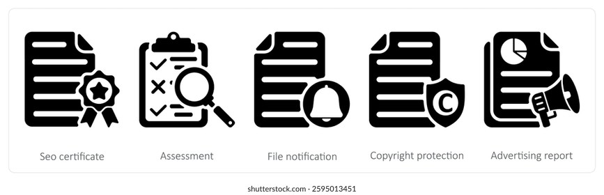 A set of 5 seo icons as seo certificate, assessment, file notification