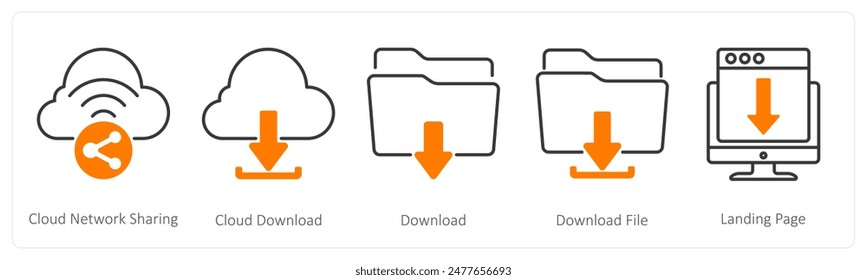 A set of 5 Seo icons as cloud network, sharing, cloud download, download