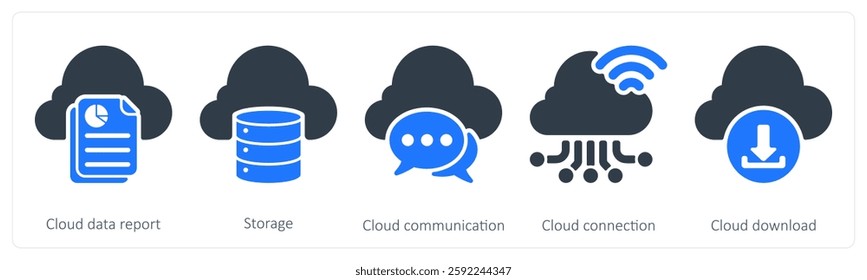 A set of 5 seo icons as cloud data report, storage, cloud communication