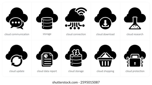 A set of 5 seo icons as cloud communication, storage, cloud connection