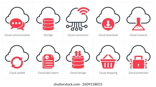 A set of 5 seo icons as cloud communication, storage, cloud connection