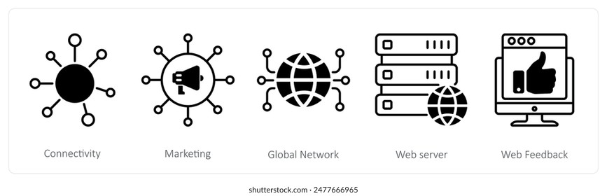 Eine Reihe von 5 Seo-Icons als Konnektivität, Marketing, globales Netzwerk