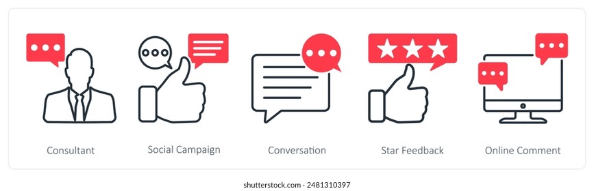A set of 5 Seo icons as consultant, social campaign, conversation
