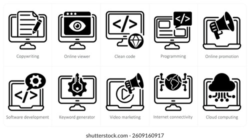 A set of 5 seo icons as content writing, online viewer, clean code