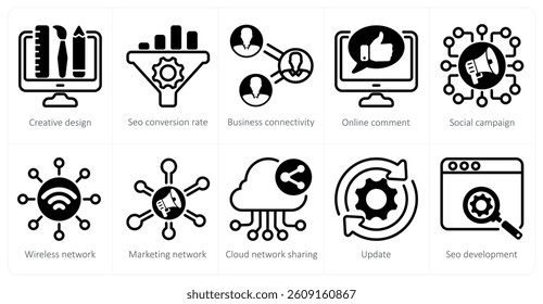 A set of 5 seo icons as creative design, seo conversion rate, online comment