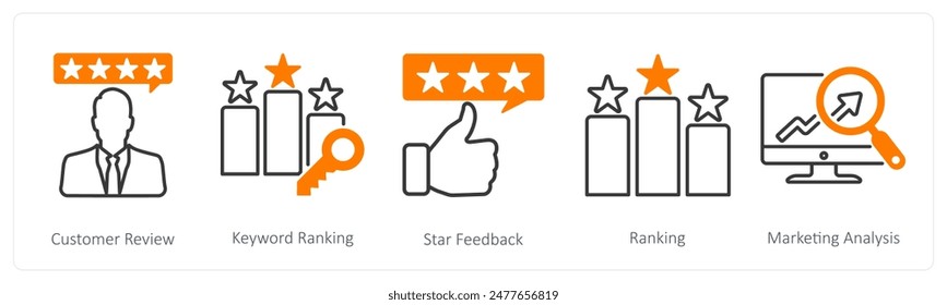 Un conjunto de 5 iconos de Seo como revisión del Cliente, clasificación de la Palabra clave, Comentarios de estrellas