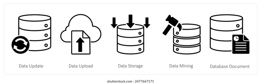 Ein Set von 5 Seo-Icons als Daten aktualisier, Daten hochladen, Datenspeicherung