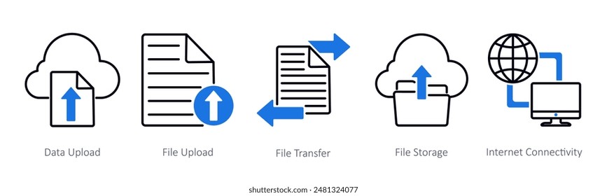 A set of 5 Seo icons as data upload, file upload, file transfer