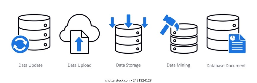 A set of 5 Seo icons as data update, data upload, data storage