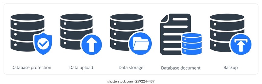 A set of 5 seo icons as database protection, data upload, data storage