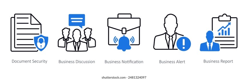 Un conjunto de 5 iconos Seo como seguridad de documentos, discusión de negocios, notificación de negocios