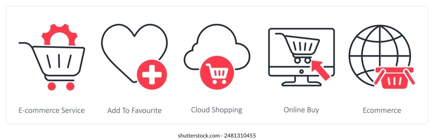 Un conjunto de 5 iconos Seo como servicio de comercio electrónico, añadir a favoritos, compras en la nube