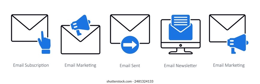 Ein Satz von 5 Seo-Icons als E-Mail-Abonnement, E-Mail-Marketing, E-Mail gesendet