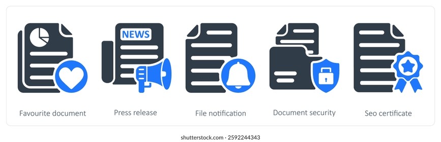 A set of 5 seo icons as favorite document, press releases, file notification