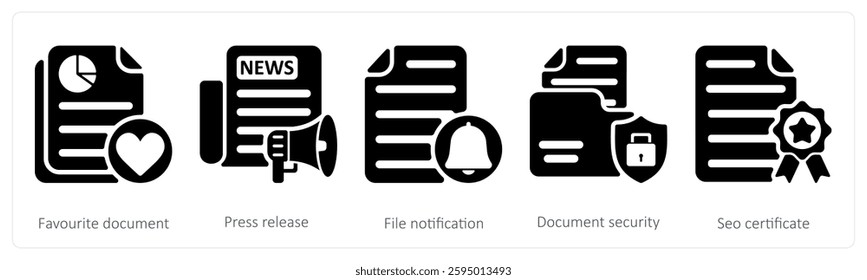 A set of 5 seo icons as favorite document, press releases, file notification