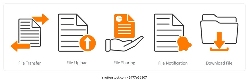 A set of 5 Seo icons as file transfer, file upload, file sharing