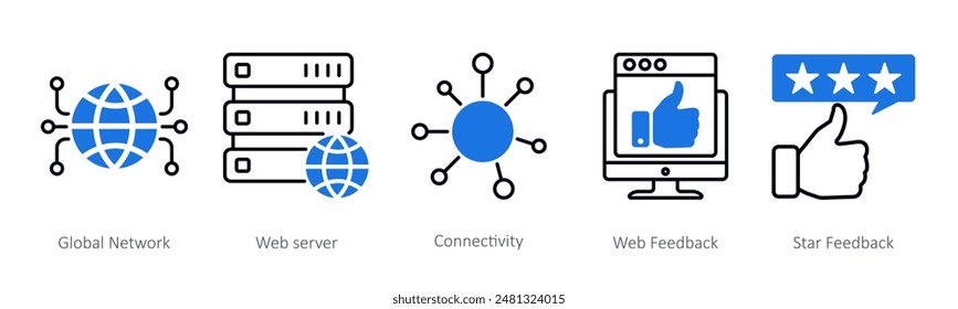 A set of 5 Seo icons as global network, web server, connectivity