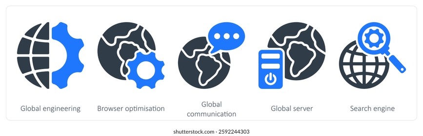 A set of 5 seo icons as global engineering, browser optimization, global communication