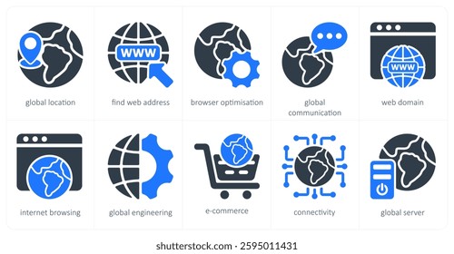 A set of 5 seo icons as global location, find web address, browser optimization