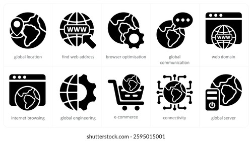 A set of 5 seo icons as global location, find web address, browser optimization