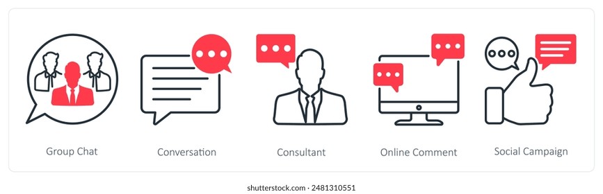 A set of 5 Seo icons as group chat, conversation, consultant
